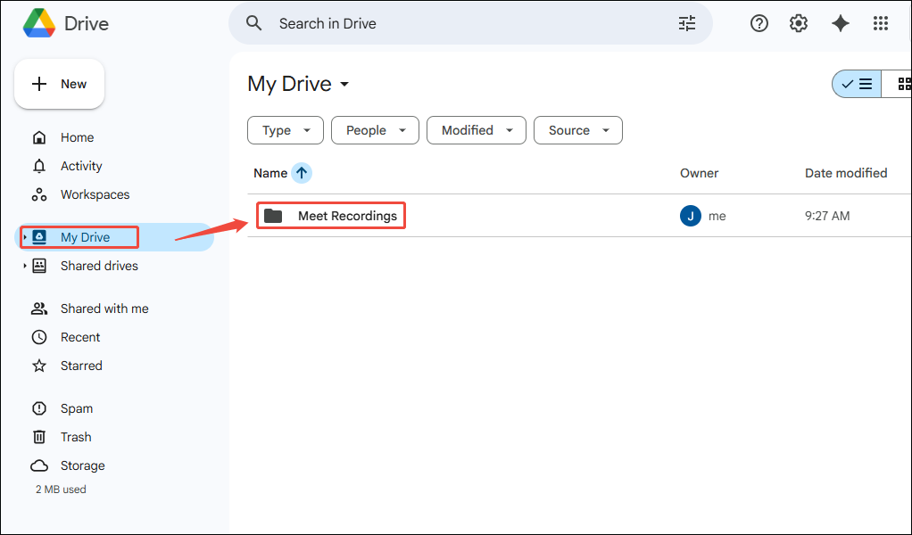 Google Drive interface showing how to check the recorded Google Meet recordings.