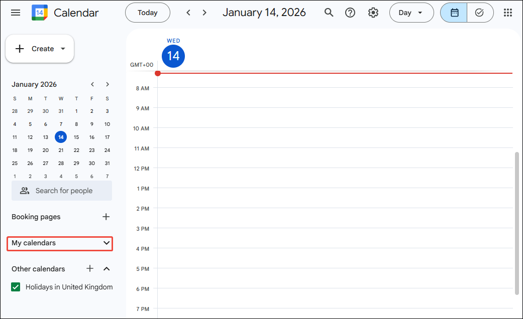Google Calendar interface with the My calendars option selected.