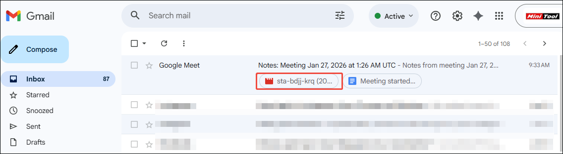 A Google Meet email with a link selected.