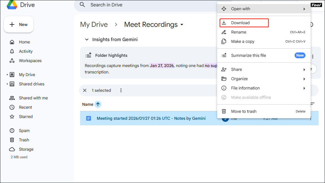 Meet Recording interface in Google Drive with the Download option selected.
