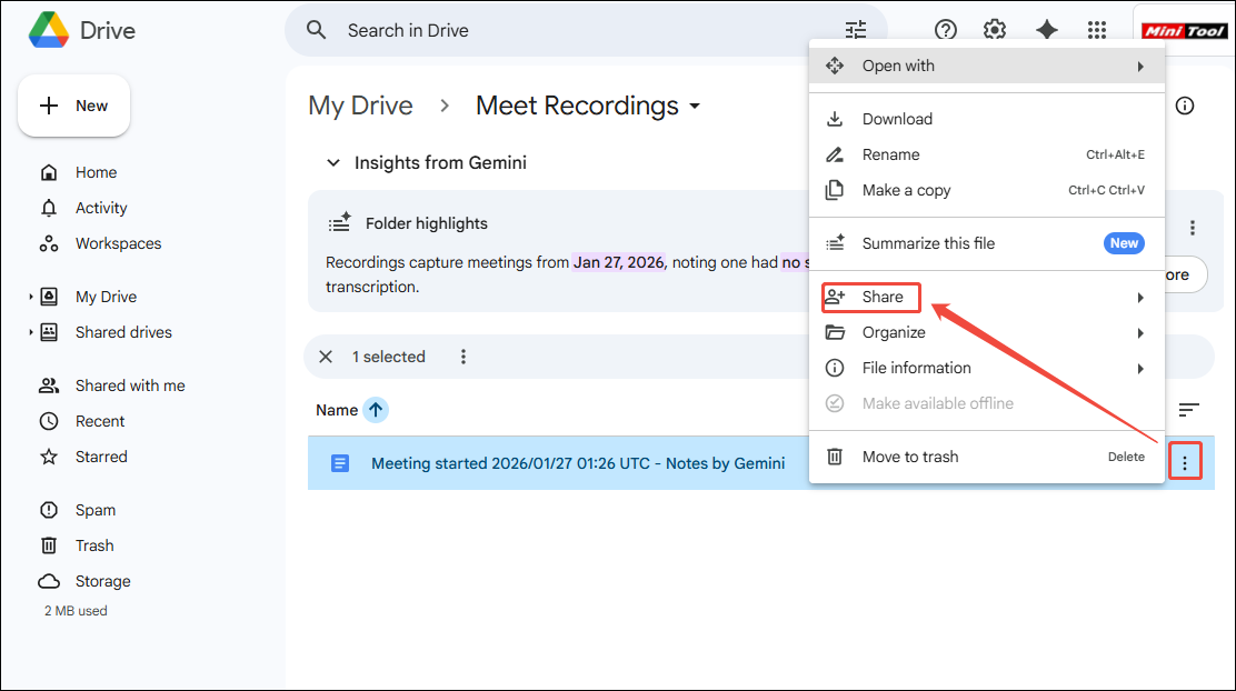 Meet Recording interface in Google Drive showing how to share the Google Meet recording.