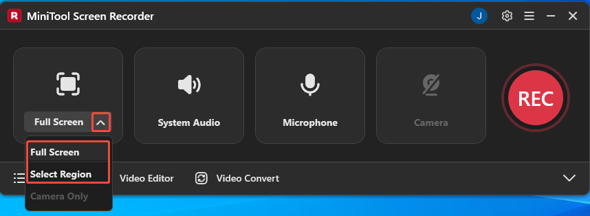MiniTool Screen Recorder interface with the recording section option expanded.