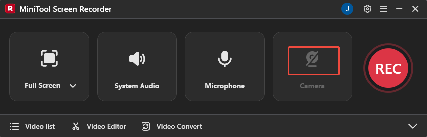 MiniTool Screen Recorder interface with the Camera icon selected.
