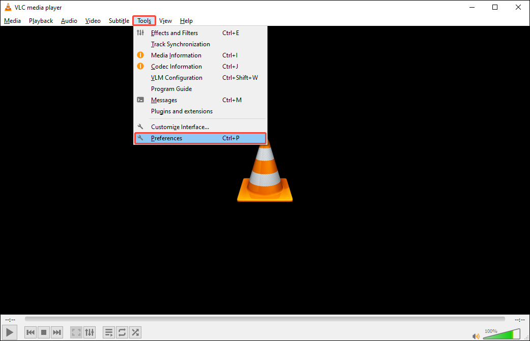 VLC interface with the Preferences option selected in the Tools menu.