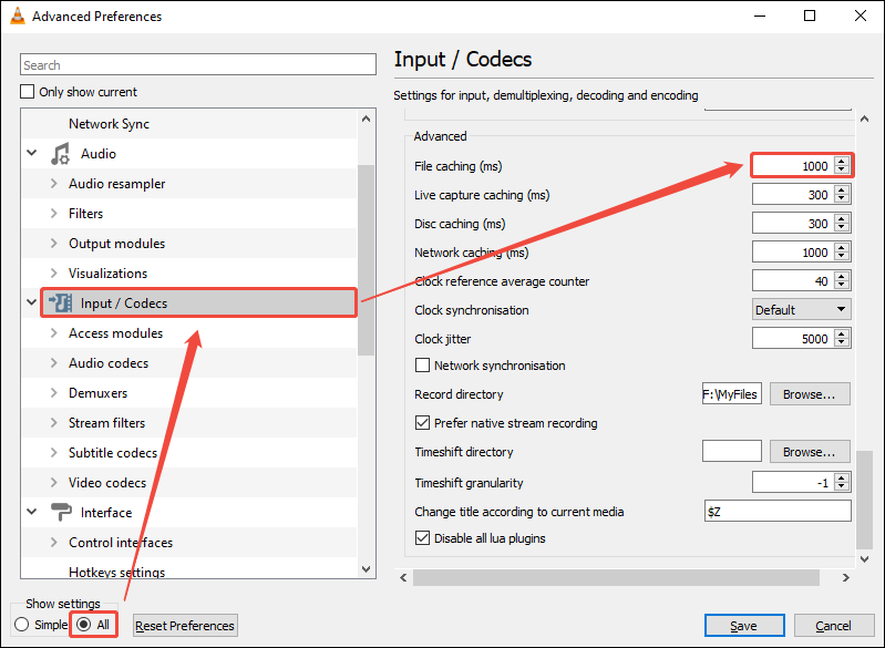 VLC Advanced Preferences window showing how to adjust the file caching.