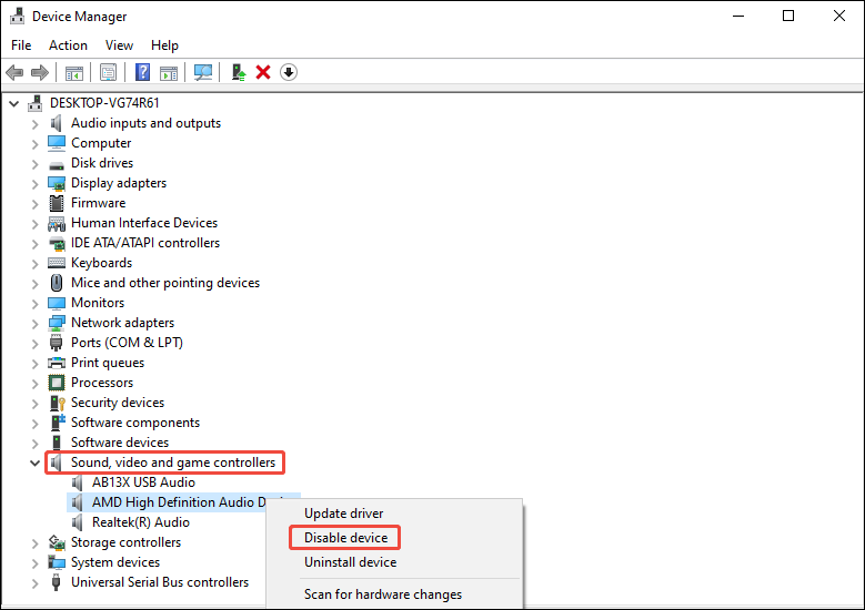 Windows Device Manager window with the sound card selected and the Disable device option selected.
