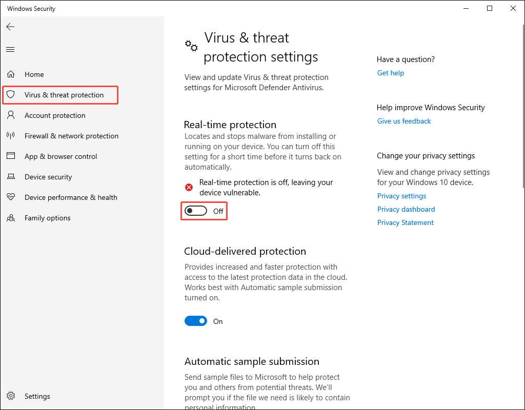 Windows Security window with the real time protection option disabled in the Virus & threat protection tab.