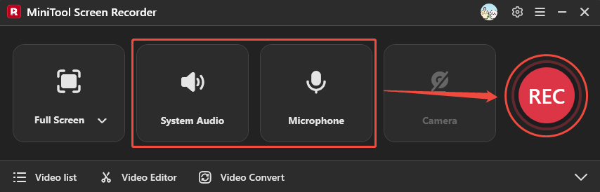 MiniTool Screen Recorder control panel with the System Audio and Microphone and REC button selected.