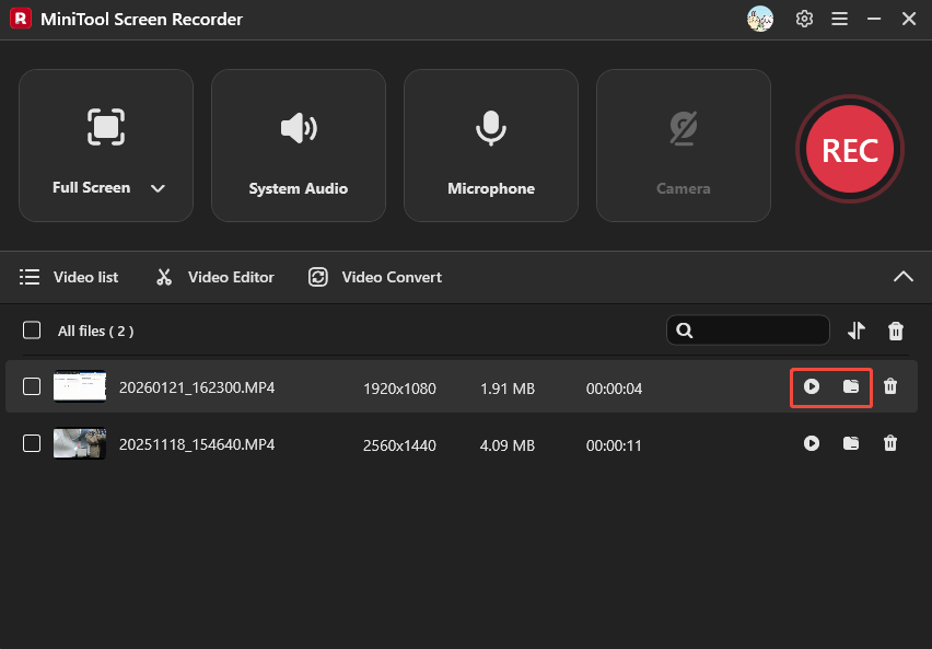 MiniTool Screen Recorder video list with the play icon and folder icon selected to view and locate the recording.