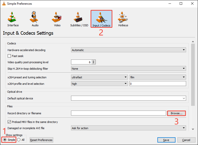 VLC Simple Preferences window showing how to set the recording save location.