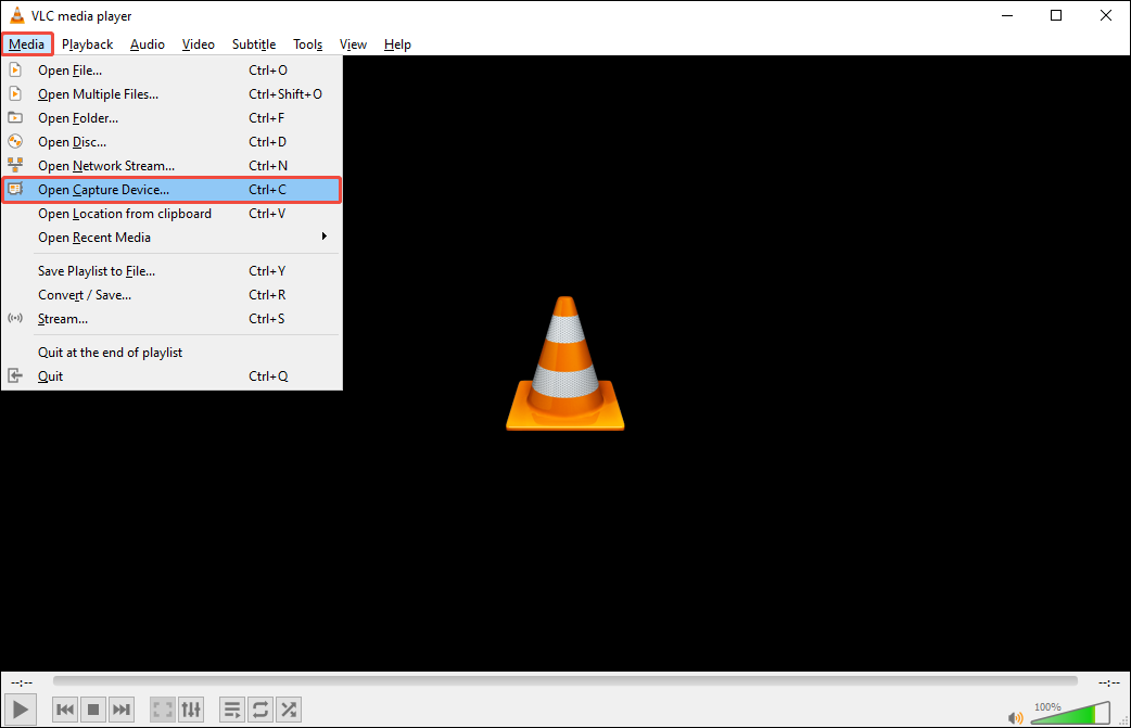 VLC interface with the Open Capture Device option selected in the Media menu.