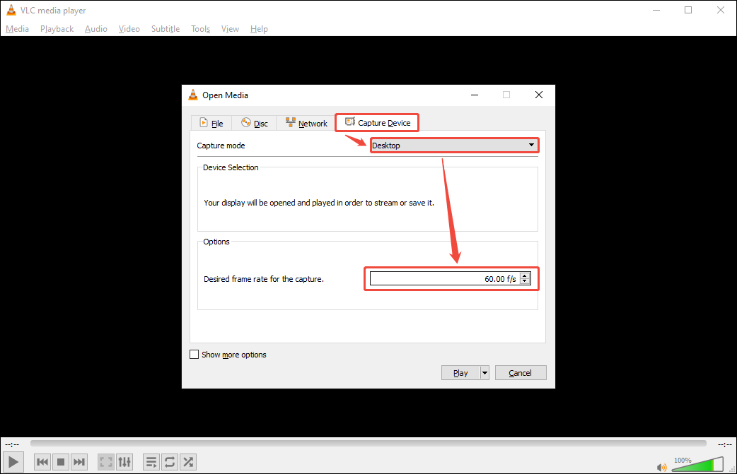 VLC Open Media window showing how to choose capture mode and frame rate.