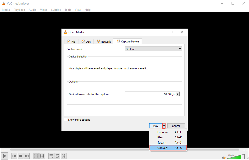 VLC Open Media window with the Convert option selected.
