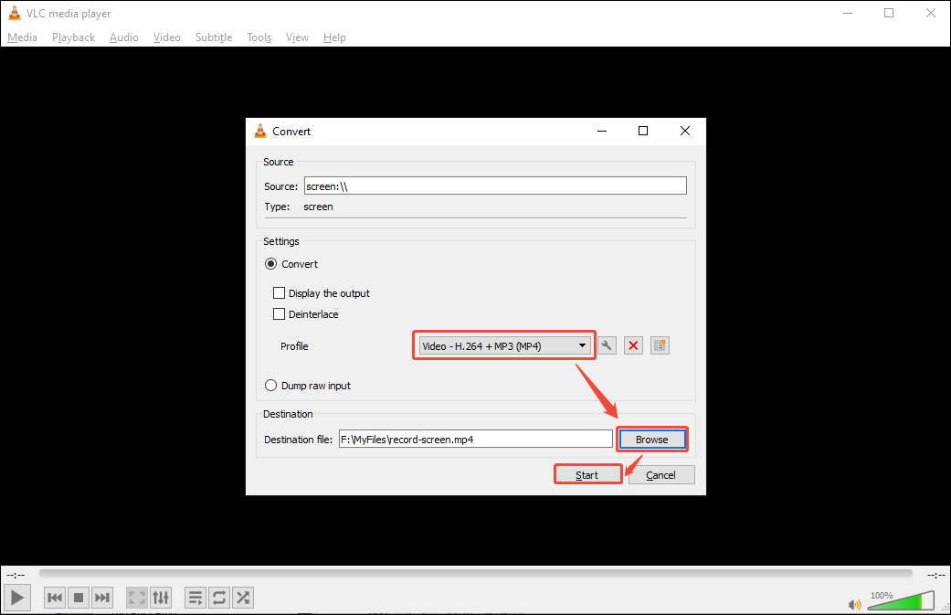VLC Convert window showing how to set the output format and save location and start recording.