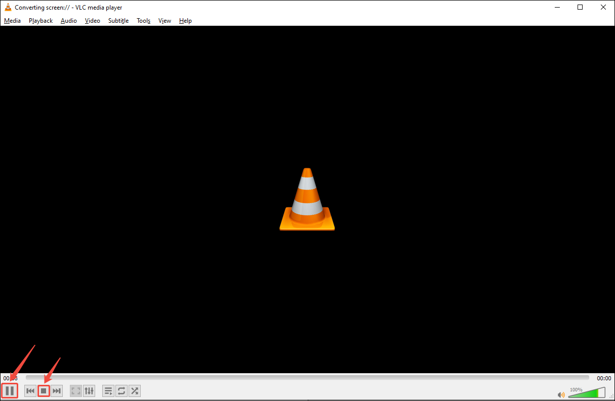 VLC screen recording window with the pause button and stop button selected.