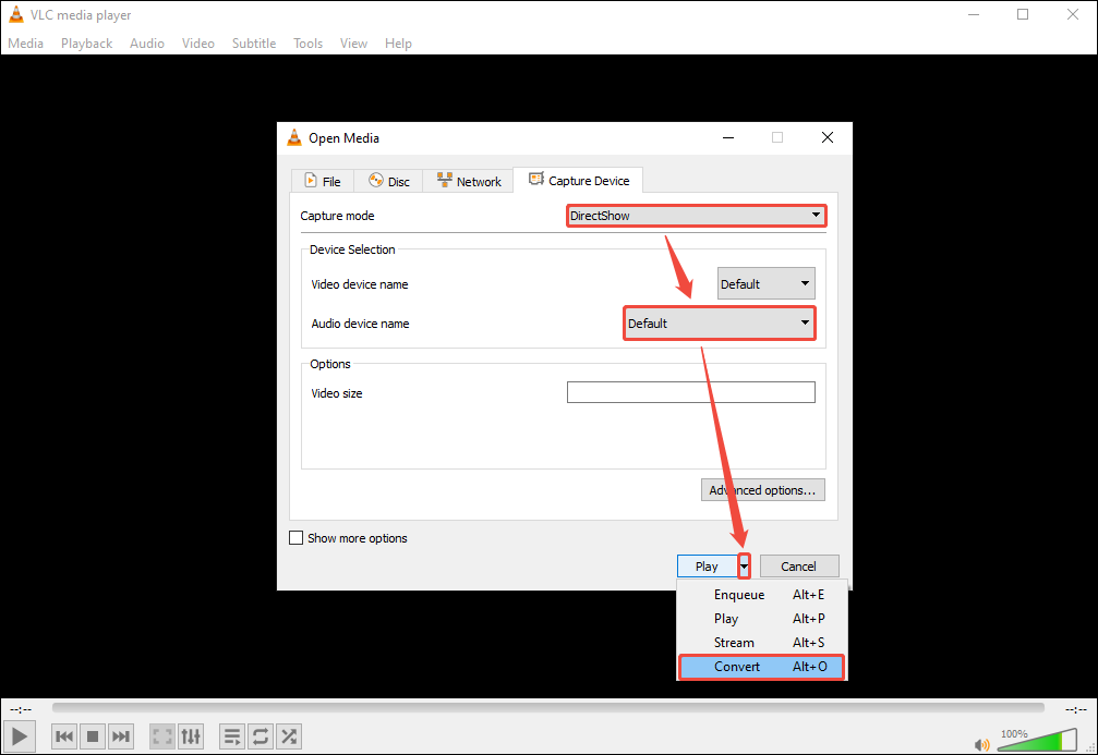 VLC Open Media window showing how to choose the capture mode and audio device name.