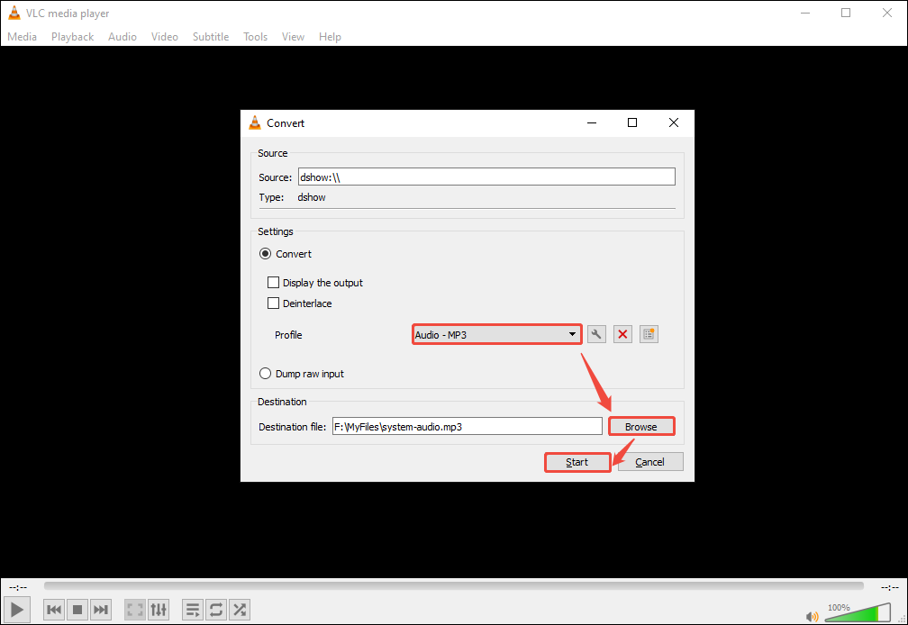 VLC Convert window showing how to choose audio format and save destination.