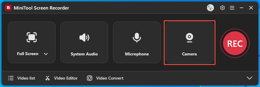 MiniTool Screen Recorder interface with the Camera option selected.