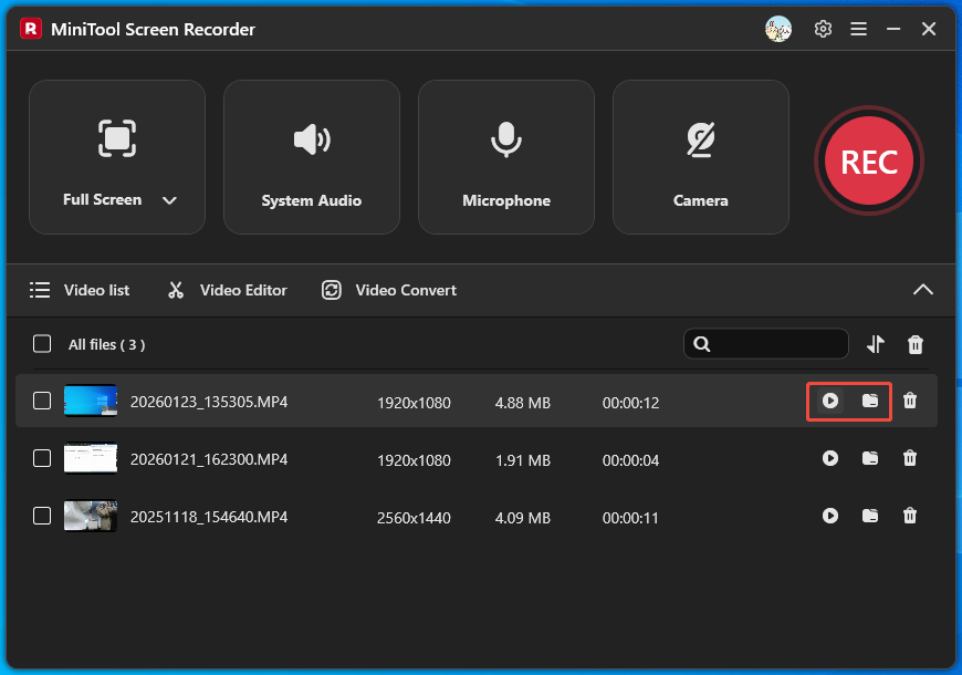 MiniTool Screen Recorder interface with the play icon and folder icon selected in the video list.