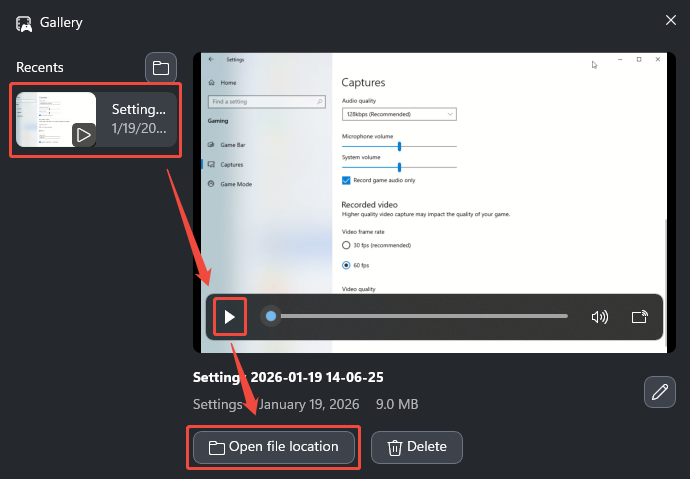 Xbox Game Bar Gallery window showing how to play the recorded video and open its location.