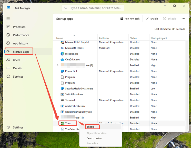 Windows 11 system Task Manager window showing how to enable the Xbox app service.