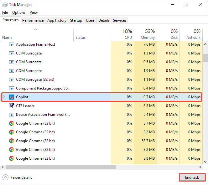 Windows Task Manager window showing how to end a program.