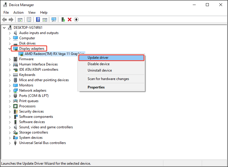 Windows Device Manager window with a graphics driver highlighted and the Update driver option selected in the context menu.