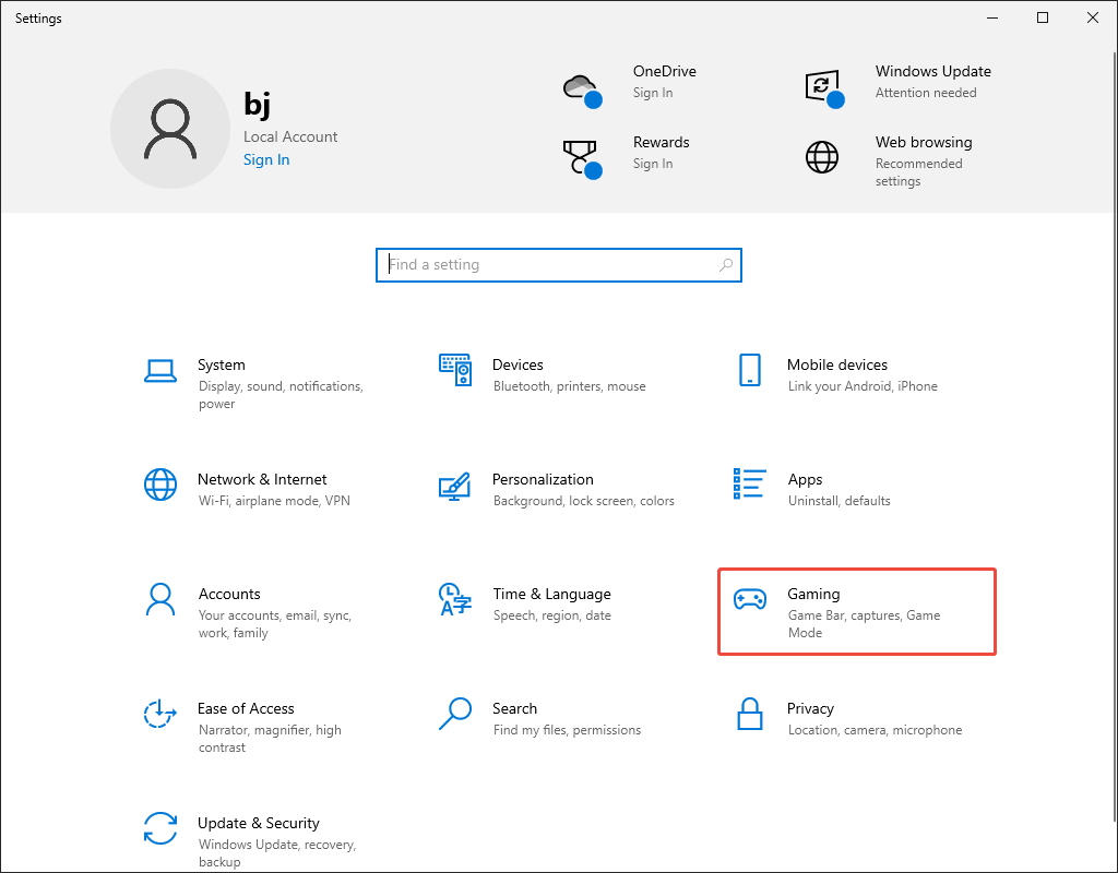 The Windows Settings window with the Gaming option selected.