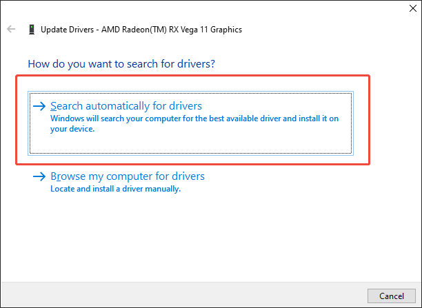 The Device Managers interface with the Search automatically for drivers option selected.