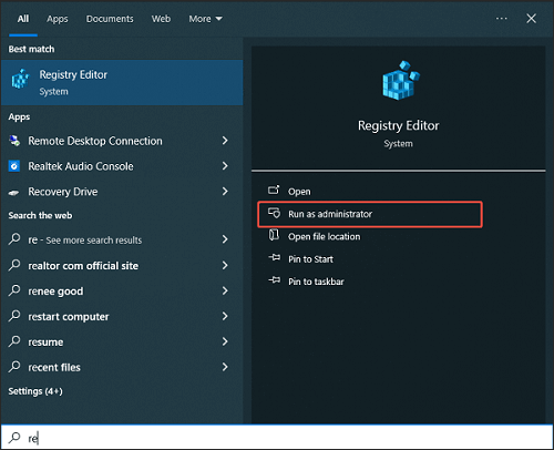 The search result window with the Run as an administrator option selected to open the Registry Editor app.