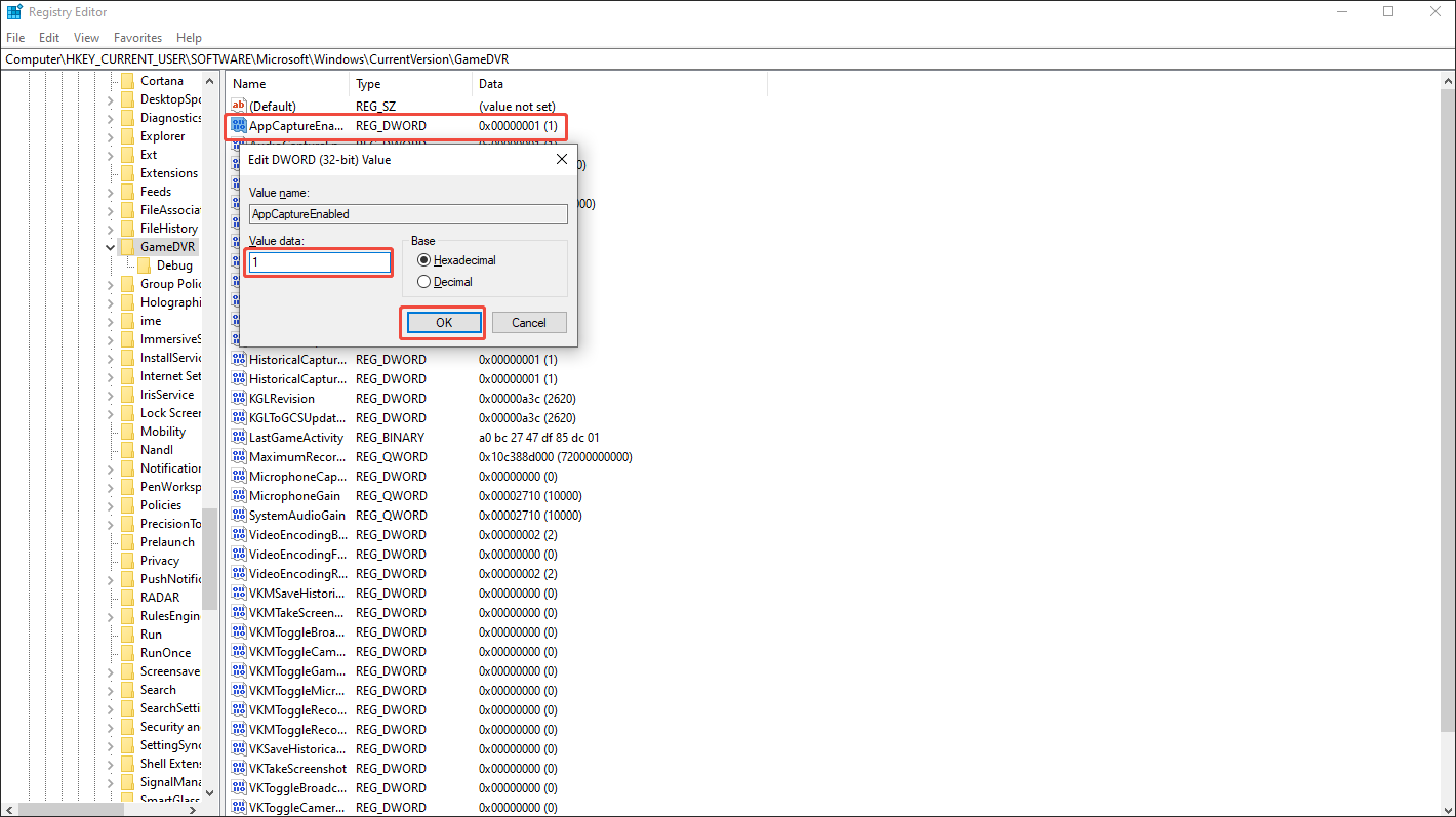The double-clicked AppCaptureEnabled file with the value data changed to 1 and the OK button selected.