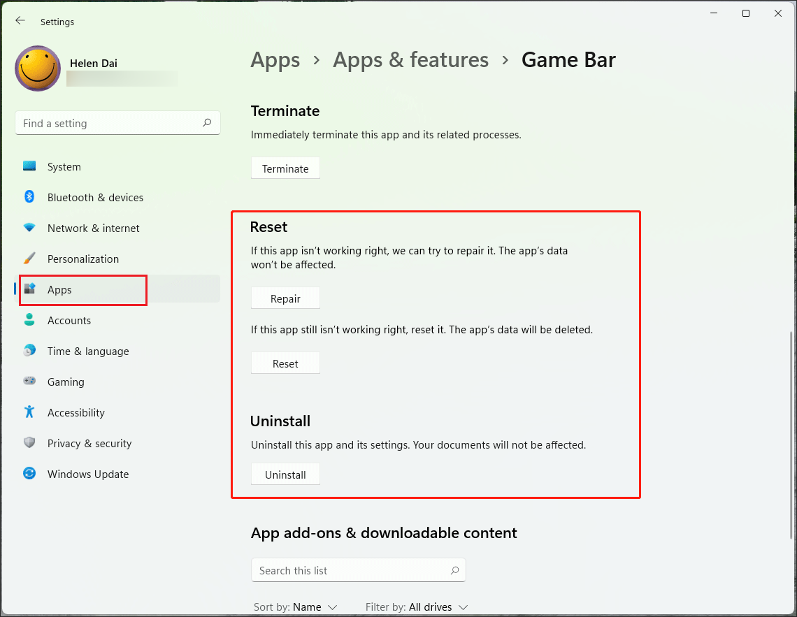The Settings window that shows how to reset, repair, or reinstall the Xbox Game Bar.