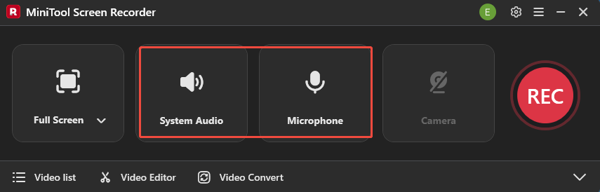 MiniTool Screen Recorder interface with the System Audio icon and the Microphone icon selected.