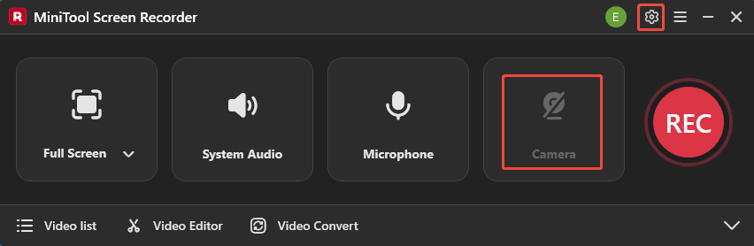 MiniTool Screen Recorder interface with the Camera and Settings icons selected.