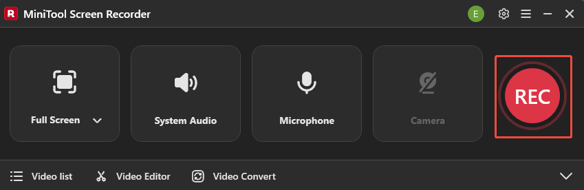 MiniTool Screen Recorder interface with the REC button selected to begin the recording process.