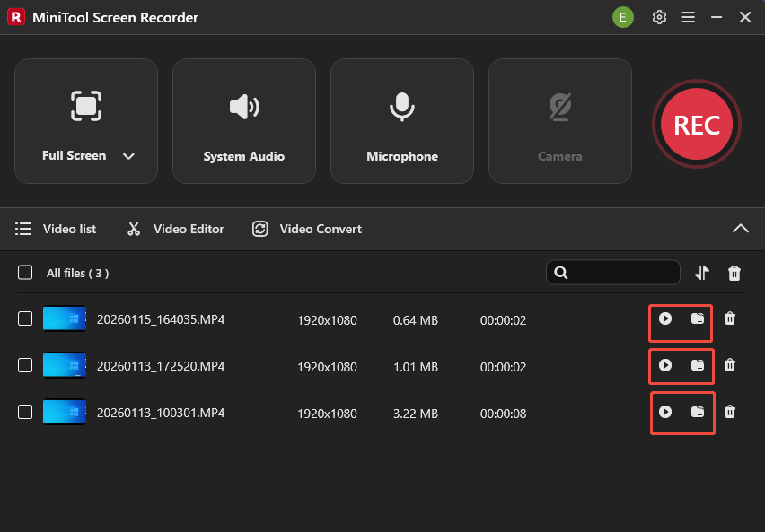 MiniTool Screen Recorder interface with the Play and Folder icons selected to view and locate the recording.