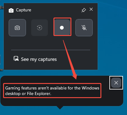 The Xbox Game Bar panel with the Record button selected under the Capture section.