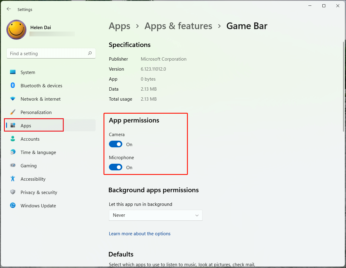 The Windows Settings window with the microphone and camera option turned on.