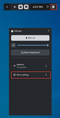 The Xbox Game Bar interface with the Settings icon and the More settings option selected.