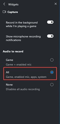 The Xbox Game Bar interface with the All option selected under the Audio to record section.