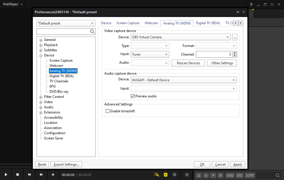 PotPlayer Preferences window on the interface and showing the selected Analog TV (WDM) option from the Device dropdown.