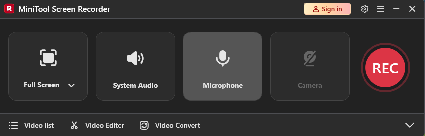 The main user interface of MiniTool Screen Recorder.