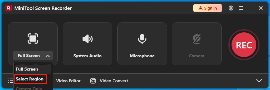 MiniTool Screen Recorder interface showing the selected Select Region option from the Full Screen dropdown.