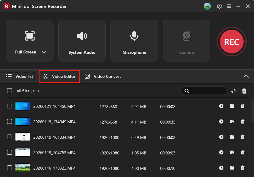 The selected Video Editor option on the main user interface of MiniTool Screen Recorder.