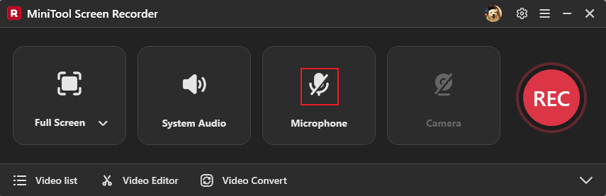 MiniTool Screen Recorder interface with the Microphone option selected to control the audio settings.