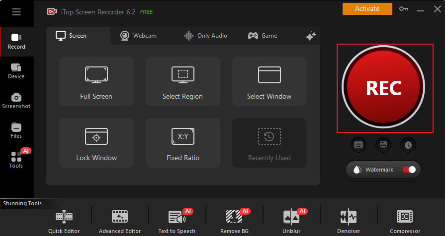 iTop Screen Recorder interface with the REC button selected to start recording on Discovery Plus.