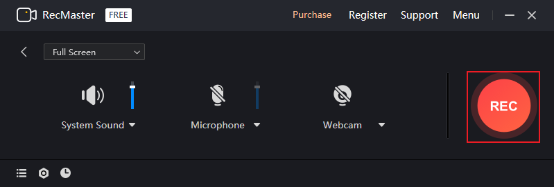 RecMaster interface with the REC button selected for screen recording.
