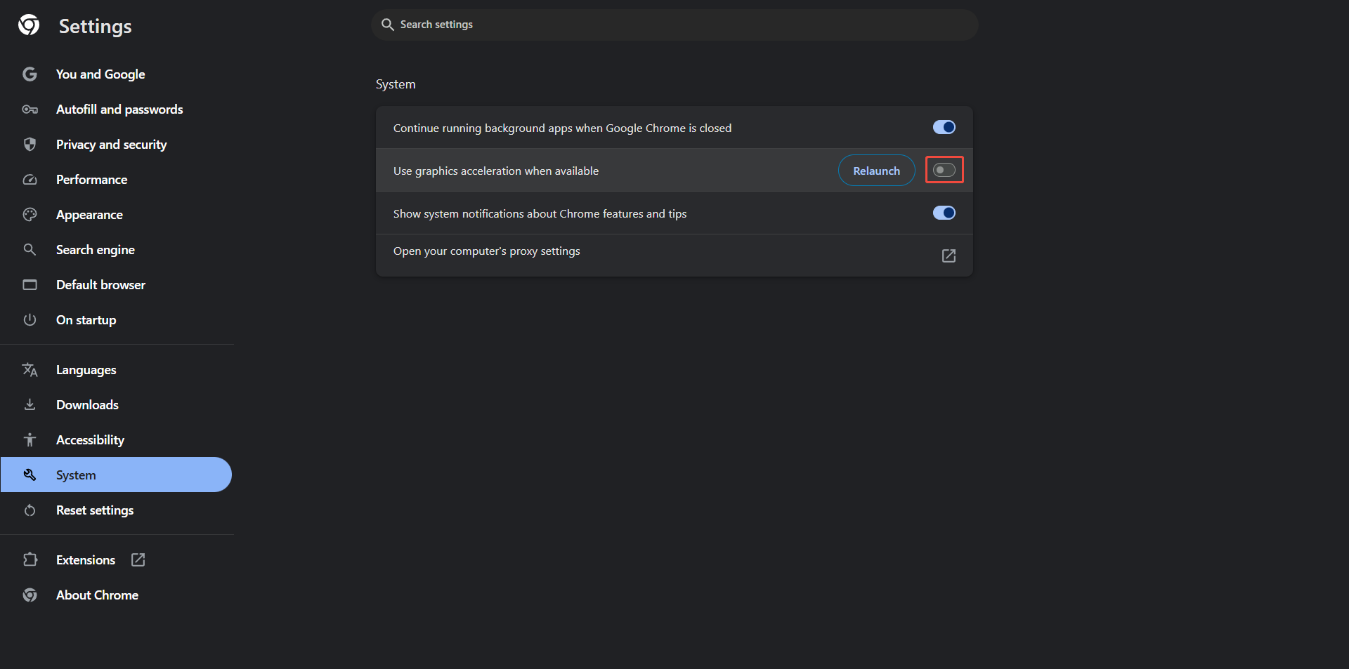 Chrome Settings page with the toggle of the Use graphics acceleration when available option turned off.