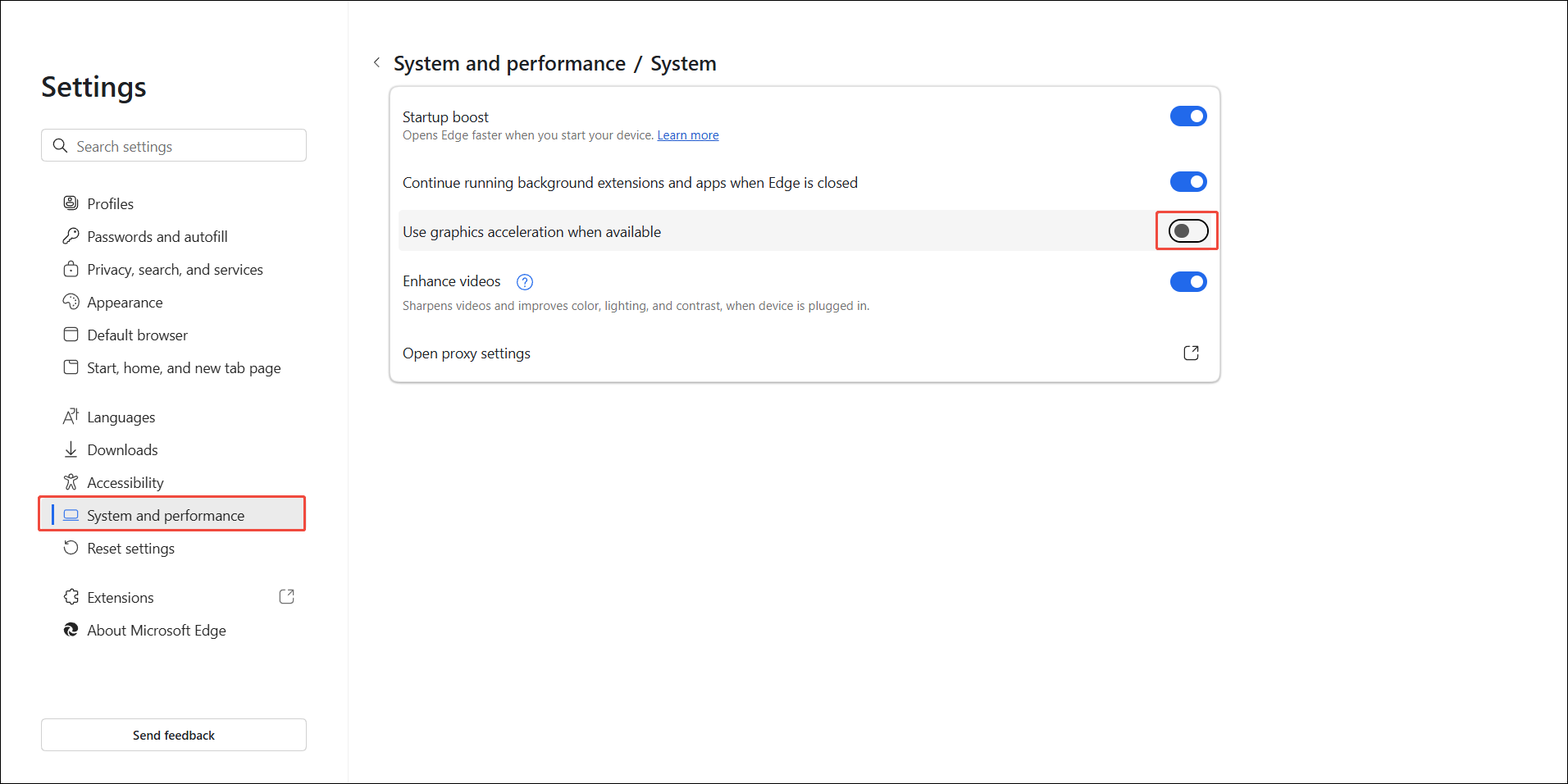 Edge Settings page with the toggle of the Use graphics acceleration when available option turned off.