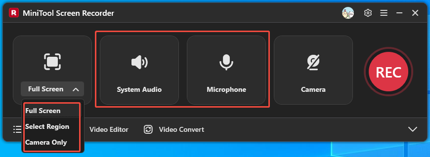 MiniTool Screen Recorder interface showing how to select the recording area and audio.